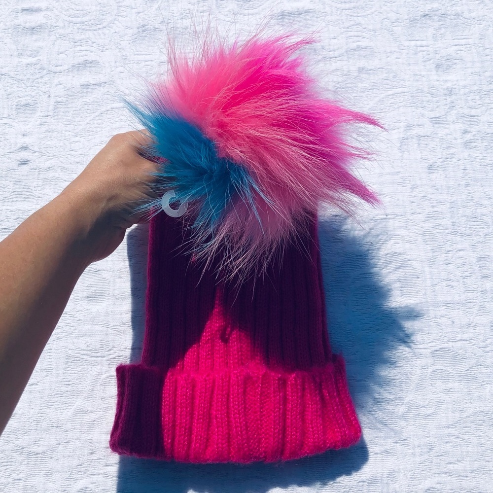 BARI LYNN**Pink Knit Hat w/ Rainbow Pom Pom